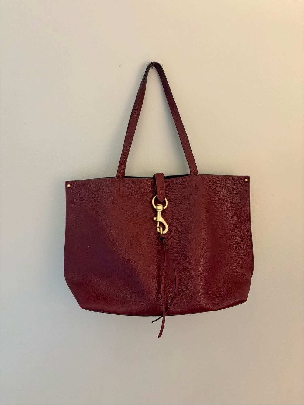 Rebecca Minkoff leather tote bag purse handbag Megan hardware gold burgundy